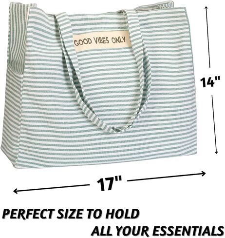 Folkulture Beach Bag For Women | 17 x 14 Inch - 100% Cotton Beach Tote Bag With Zipper, Large Woven Pool Bag, Cute Travel Beach Bag or Packable Canvas Beach Bag | Beach Accessories (Vibes Black) in Kuwait