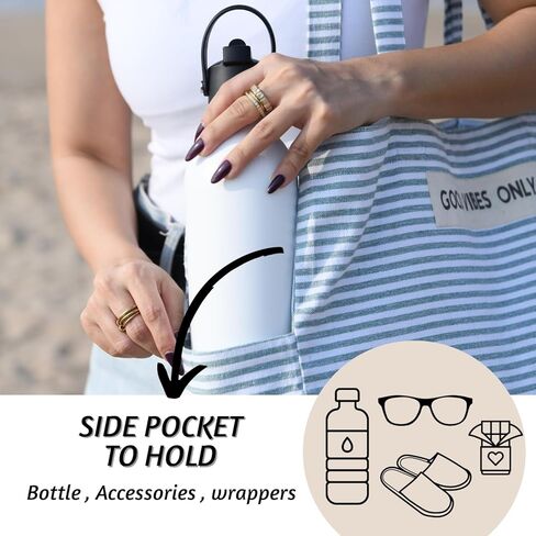 Folkulture Beach Bag For Women | 17 x 14 Inch - 100% Cotton Beach Tote Bag With Zipper, Large Woven Pool Bag, Cute Travel Beach Bag or Packable Canvas Beach Bag | Beach Accessories (Vibes Black) in Kuwait