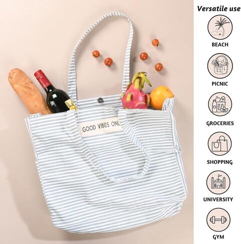 Folkulture Beach Bag For Women | 17 x 14 Inch - 100% Cotton Beach Tote Bag With Zipper, Large Woven Pool Bag, Cute Travel Beach Bag or Packable Canvas Beach Bag | Beach Accessories (Vibes Black) in Kuwait