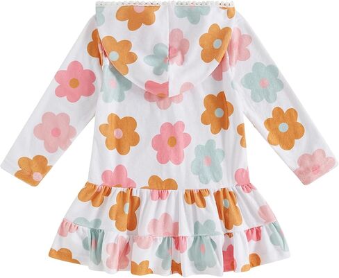 Kids Hooded Terry Swim Cover Up for Girl Swimsuit Summer Zip Ruffle Dress Long Sleeve Floral Towel Coverup Swimwear in Saudi Arabia