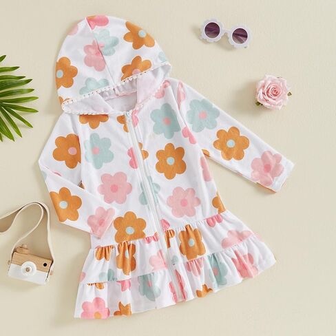 Kids Hooded Terry Swim Cover Up for Girl Swimsuit Summer Zip Ruffle Dress Long Sleeve Floral Towel Coverup Swimwear in Saudi Arabia