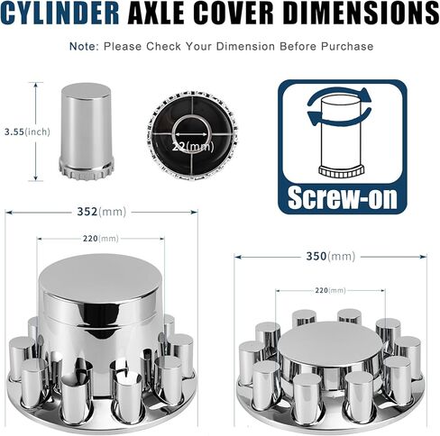 Cylinder Wheel Covers for Semi Trucks - 2 Front and 4 Rear Axle Hub Covers with 33mm Thread-On Chrome Lug Nut Covers for Semi Truck in Kuwait
