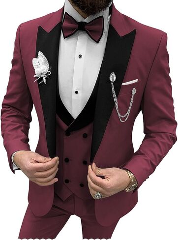 Mens Tuxedo Suit 3 Piece Slim Fit Suits Wedding Prom Party Dinner Formal Groomsmen Double Breasted Suit with Tie in Kuwait
