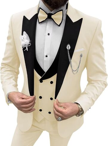 Mens Tuxedo Suit 3 Piece Slim Fit Suits Wedding Prom Party Dinner Formal Groomsmen Double Breasted Suit with Tie in Kuwait