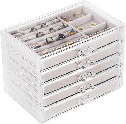 منظم مجوهرات أكريليك CQ مع 5 أدراج صندوق مجوهرات أكريليك شفاف هدية للنساء والرجال والأطفال والفتاة الصغيرة حامل عرض قرط مخملي قابل للتكديس للأقراط وسوار وقلادة، بيج in Kuwait