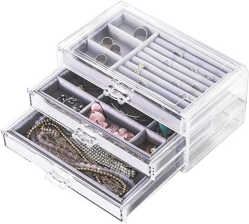 منظم مجوهرات أكريليك CQ مع 5 أدراج صندوق مجوهرات أكريليك شفاف هدية للنساء والرجال والأطفال والفتاة الصغيرة حامل عرض قرط مخملي قابل للتكديس للأقراط وسوار وقلادة، بيج in Kuwait