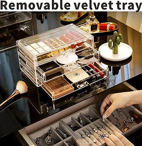 منظم مجوهرات أكريليك CQ مع 5 أدراج صندوق مجوهرات أكريليك شفاف هدية للنساء والرجال والأطفال والفتاة الصغيرة حامل عرض قرط مخملي قابل للتكديس للأقراط وسوار وقلادة، بيج in Kuwait