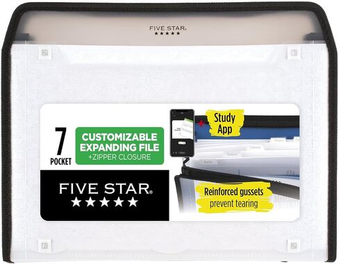 Five Star Expanding File Organizer + Study App, 7-Pocket Accordian File Organizer, Zipper Closure, Holds 11" x 8-1/2", White (350099E-ECM) in Saudi Arabia