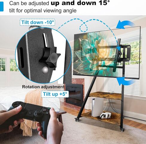 Rolling TV Stand with Power Outlet, Mobile TV Cart on Wheels for 32-75 Inch Large LCD/LED TVs Flat Curved Screen TV Floor Stand with Height Adjustable AV Shelf (Retro Style) in Saudi Arabia