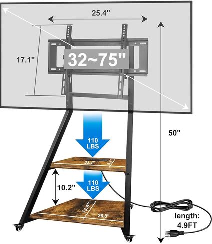 Rolling TV Stand with Power Outlet, Mobile TV Cart on Wheels for 32-75 Inch Large LCD/LED TVs Flat Curved Screen TV Floor Stand with Height Adjustable AV Shelf (Retro Style) in Saudi Arabia