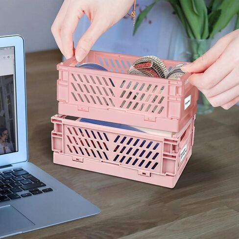 2-Pack Mini Collapsible Storage Box,Foldable Plastic Baskets with tags,Storage Crates for Desk Organizers Home Kitchen Bedroom Bathroom Office Tool Small Parts (pink, 5.9x3.8x2.2'') in Saudi Arabia