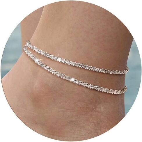 Ankle Bracelets for Women, Glitter Waterproof Adjustable Anklet for Women, 14K Gold Plated/Sterling Silver Layered Anklets, Summer Beach Anklet Jewelry for Women Gift in Saudi Arabia