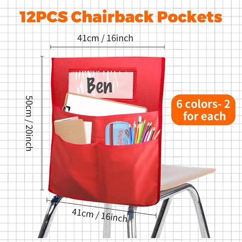 12 حزمة من مخطط جيب الصديق للكراسي، جيوب للكراسي للفصول الدراسية، مخطط جيب للمقعد مع 3 جيوب تخزين شديدة التحمل، منظم تخزين خلفي للكرسي لطلاب المنزل في الفصل الدراسي، 16 × 20 بوصة، 6 ألوان in Kuwait