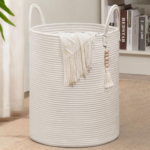Goodpick Tall Wicker Laundry Basket with Handles, Boho Decorative Storage Basket for Living Room, Bedroom, Entryway, Bathroom, Large Woven Blanket Basket for Pillows, Towels, Shoes, Jute, 16" x 20" in Kuwait
