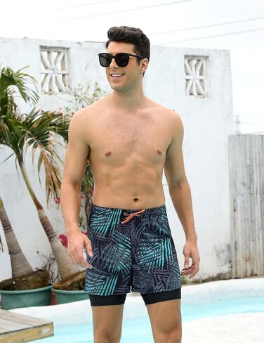KANAV Mens Swim Trunks with Compression Liner 2 in 1 Quick-Dry Swim Shorts Lined Board Shorts (No Pockets) in Kuwait