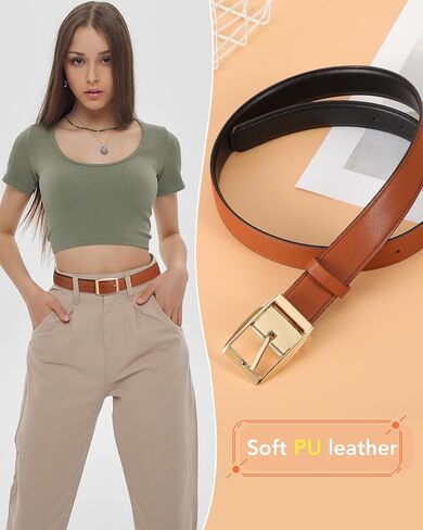 أحزمة Kajeer النسائية ذات الوجهين للجينز، حزام أسود للسيدات مع مشبك دبوس دوار in Kuwait