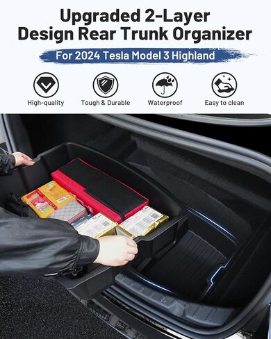 2024 أحدث طراز Tesla 3 منظم صندوق السيارة الخلفي مخصص مناسب للطراز 3 ملحقات المرتفعات صناديق تخزين صندوق السيارة العلوية والسفلية حاوية بطبقة مزدوجة صندوق بقالة مقاوم للماء مادة ABS باللون الأسود in Kuwait