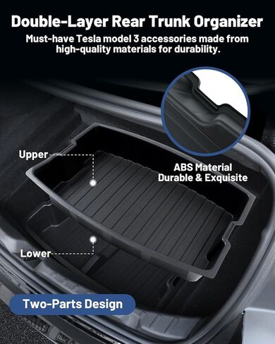 2024 أحدث طراز Tesla 3 منظم صندوق السيارة الخلفي مخصص مناسب للطراز 3 ملحقات المرتفعات صناديق تخزين صندوق السيارة العلوية والسفلية حاوية بطبقة مزدوجة صندوق بقالة مقاوم للماء مادة ABS باللون الأسود in Kuwait