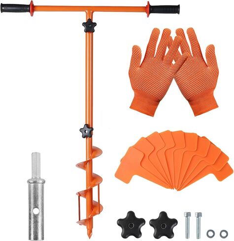 2023 Hole Digger Kit - 25.5×34In Hand Auger Post Hole Digger with A Hole Augers 3.95", Adapter, Gloves, Non-Slip Handles, And Plant Labels, For Flower, Tree, Seedlings, Umbrella, Fence Holes, Orange in Saudi Arabia