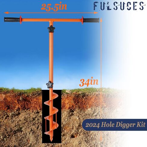2023 Hole Digger Kit - 25.5×34In Hand Auger Post Hole Digger with A Hole Augers 3.95", Adapter, Gloves, Non-Slip Handles, And Plant Labels, For Flower, Tree, Seedlings, Umbrella, Fence Holes, Orange in Saudi Arabia