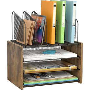 4-Tier Mesh Desk Organizer, Wooden Desk File Organizer with 5 Vertical File Holders and 2 Pen Holders, Desktop Organizers and Accessories with Drawer for Home Office