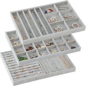 Fixwal 13in Set of 3 Jewelry Organizer, Stackable Jewelry Trays for Drawers, Jewelry Storage for Earring, Necklace, Bracelet, Watch with Removable Divider, Black