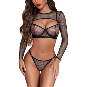 Avidlove Sexy Lingerie Set Rave Outfits For Women Fishnet Long Sleeve Crop Top Sheer Bra and Panty 3 Piece