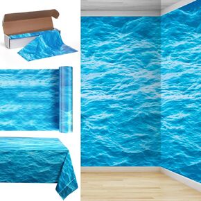 Irenare 1 Roll Ocean Waves Plastic Tablecloth Ocean Table Cover Water Print Table Cover Ocean Sea Tablecloth Blue for Beach Pool Birthday Party Decoration Shower Supplies (54 Inch X 100ft)