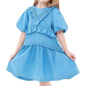 Erasers&pencils Girls Short Puff Sleeve Princess Summer Party Casual Dresses Elegant Ruffle 100% Cotton