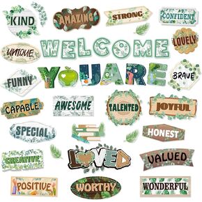 HOWAF 39pcs Eucalyptus Affirmation Station Bulletin Board Set, Inspirational Cutouts for Welcome Back to School Classroom Decor, Positive Accents Cut-Outs for First Day of School Chart Wall Supplies