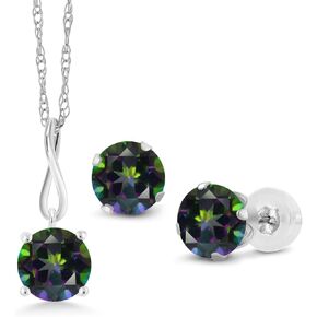 Gem Stone King 10K White Gold 6MM Round Cabochon White Simulated Opal Pendant Earrings Set For Women (3.00 Cttw, With 18 Inch Chain)