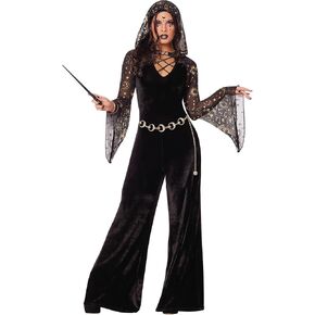 Spirit Halloween Adult Spellbinding Witch Jumpsuit Costume | Witch Outfit | Black Velour Jumpsuit with Sheer Bell Sleeves