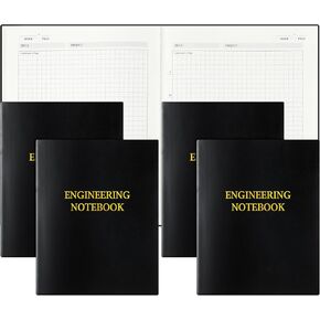 4 Pack Engineering Notebook 8 x 10 Inches Engineer Graph Paper Notebook Black Hardcover Grid Notebook for Writing Science Technology Lab Engineering Graphing Work School Supplies