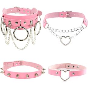 4Pcs Halloween Cool Steampunk Love Heart Shaped Gothic Goth Punk Rock Rivet Spike Studded PU Leather Choker Collar Necklace Sets for Women Lady Girl Adjustable Cosplay Jewelry Night Club Party Costume Accessory Chocker Gift Black