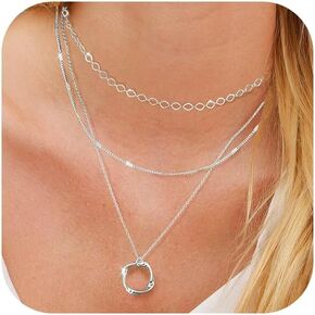 Gold Silver Layered Necklaces for Women Trendy, Dainty 925 Sterling Silver Chain Necklace Stack for Women Layering Circle Pendant Choker Necklaces Set Non Tarnish Jewelry Gifts for Teens