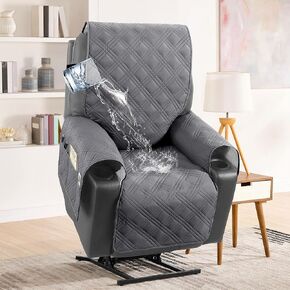 H.VERSAILTEX 100% Waterproof Recliner Chair Cover Non-Slip Sofa Slipcover with Elastic Straps for Pets, Dogs Furniture Protector for Electric Power Lift Recliner Washable with Pocket,Smoke Blue/Beige