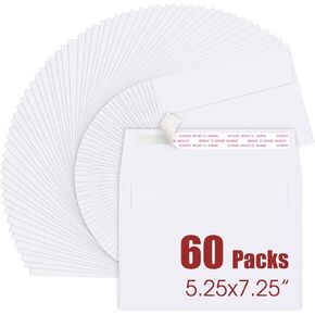 60 Packs 5x7 Envelopes, White A7 Envelopes for Invitations, Printable, Self Seal for Weddings, Invitations, Photos, Postcards, Greeting Cards, Mailing