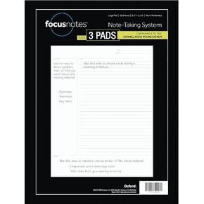 Tops Oxford Focusnotes Legal Pad - Cornell Notepad for Note Taking - 8-1/2" X 11-3/4"- Pack of 3 Notepads For Work - 50 Sheets