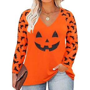 RITERA Plus Size Tops for Women 5X Color Block Tunics Halloween Bat Pumpkin Smile Long Sleeve Raglan Sleeve Holiday Casual Blouses Crewneck Shirts Orange Black Fall Winter 5XL 28W