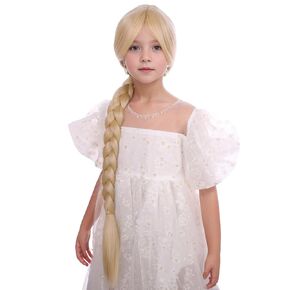 Kids Long Blonde Braided Ponytail Wig for Girls Cosplay Heat Resistant Synthetic Wig with Wig Cap