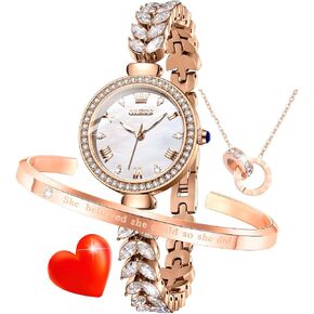 OLEVS Women Diamond Watch Rose Gold Ladies Elegant Luxury Dress Stainless Steel Waterproof Wrist Watches Set