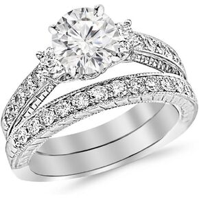 14K White Gold 4 Carat LAB GROWN DIAMOND Three Stone Vintage With Milgrain & Filigree Bridal Set with Wedding Band & Round Cut Diamond Engagement Ring (G-H Color VS2-SI1 Clarity 3 Ct Center)