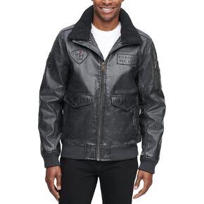 Tommy Hilfiger Men's Faux Leather Bomber Jacket, Dark Brown Laydown Collar