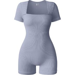 OQQ Women Short Sleeve Rompers Yoga Stretch Square Neck Exercise Rompers