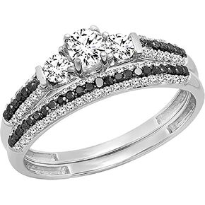 مجموعة Dazzlingrock Collection خاتم زفاف دائري من الياقوت الأبيض والألماس الأسود والأبيض مكون من 3 أحجار للنساء باللون الذهبي