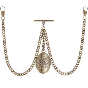 Vintage-Inspired 14" Bronze Pocket Watch Chain with Photo Locket Pendant | Elegant Double Albert T-Bar Design | Men's Classic Accessory