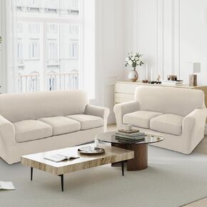 H.VERSAILTEX Couch Cover Set for Sofa and Loveseat Stretch 4 Piece Sofa Covers for 3 Cushion Couch/3 Piece Loveseat Covers for 2 Cushion Couch Feature Thicker Jacquard Fabric, Ivory