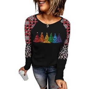 Women's Christmas Holiday T Shirts Leopard Stripe Splicing Sleeve Shirt Xmas Funny Graphic Raglan Baseball Tops