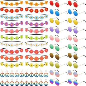 NEBURORA 60 Pieces Hippie Costume Accessory Set Multicolor Sunglasses Daisy Flower Headband Rainbow Peace Sign Necklaces for Hippie Party Supplies