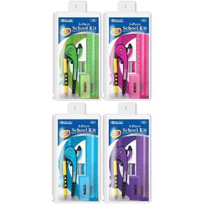 BAZIC Math Geometry Set 5 Pieces, Protractor, Compass, Sharpener, Wood Pencil, Eraser, Storage Zipper Pouch, Drafting Drawing Tool, 4-Packs